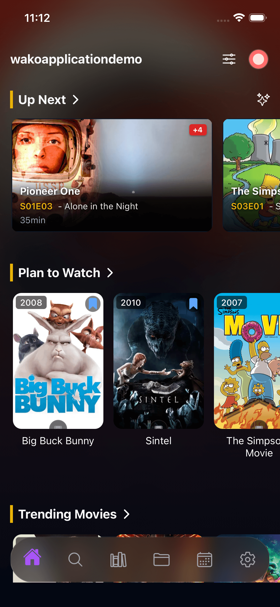 wako home screen with trending movies and TV shows